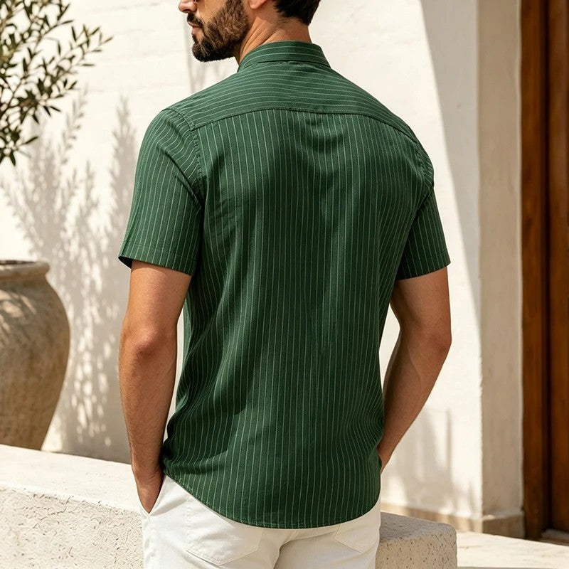 Marco Men's Striped Band Collar Short Sleeve Shirt