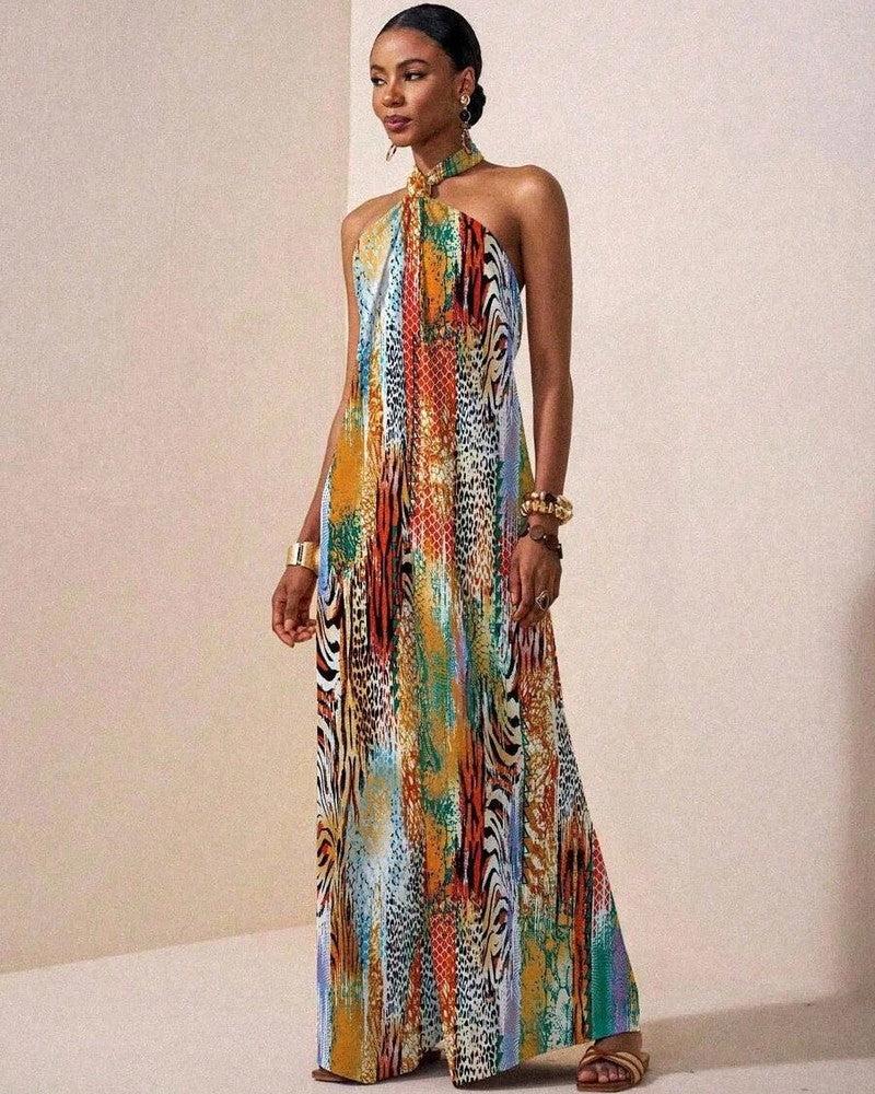 Alma Women's Halter Animal Print Maxi Dress