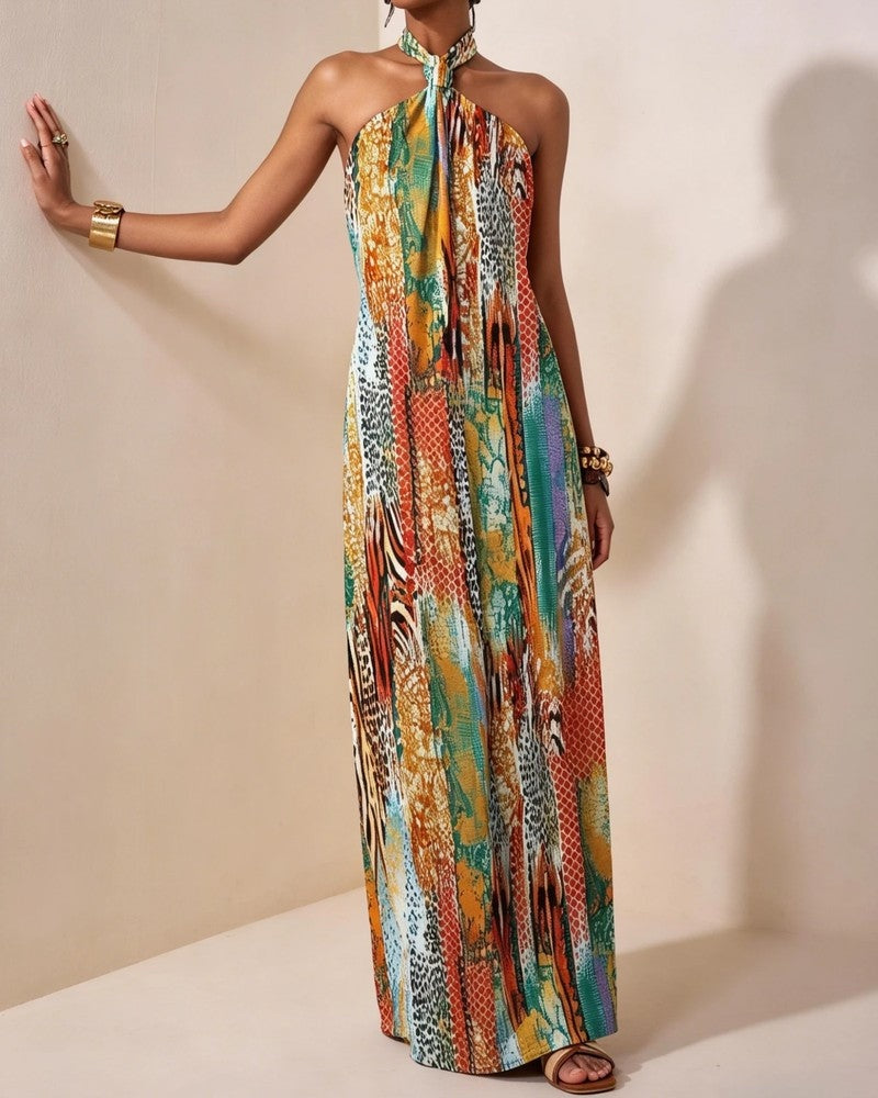 Alma Women's Halter Animal Print Maxi Dress
