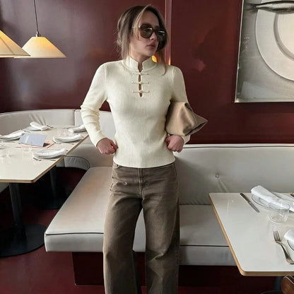 Anja Ribbed Mandarin Collar Knit Top