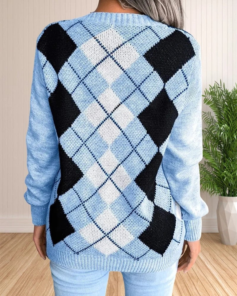 Calise Argyle Knit V-Neck Sweater