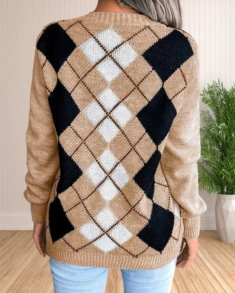 Calise Argyle Knit V-Neck Sweater