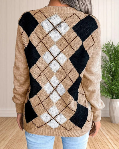 Calise Argyle Knit V-Neck Sweater