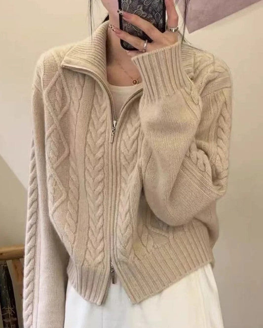 Edith Cable Knit Zip Cardigan Sweater