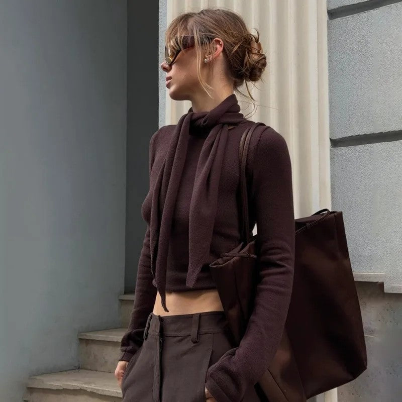 Frida Knit Tie-Neck Cropped Sweater