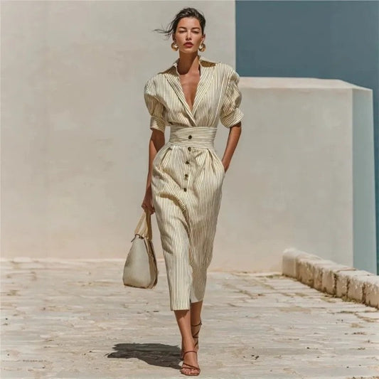 Helen Striped Linen Belted Midi Dress