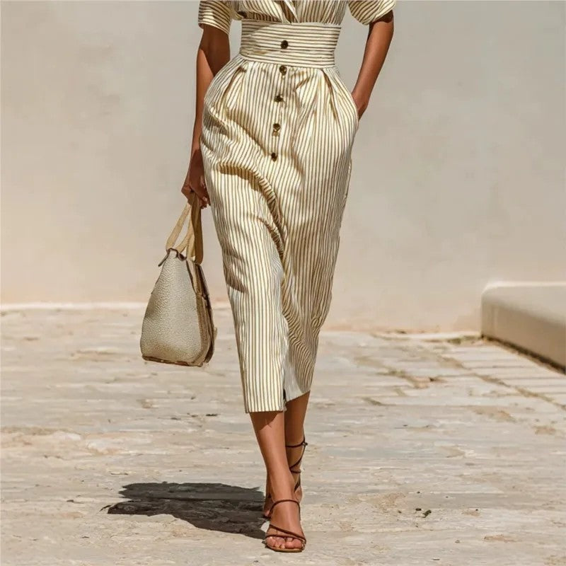 Helen Striped Linen Belted Midi Dress