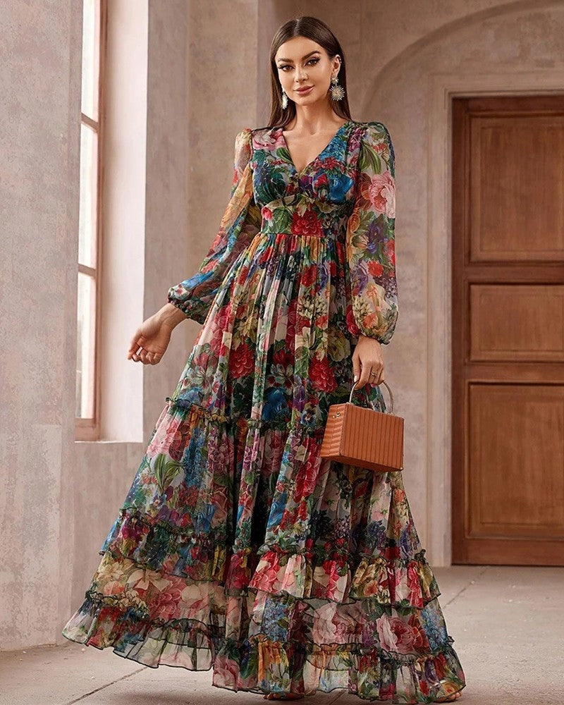 Ines Women's Floral Chiffon Tiered Maxi Dress