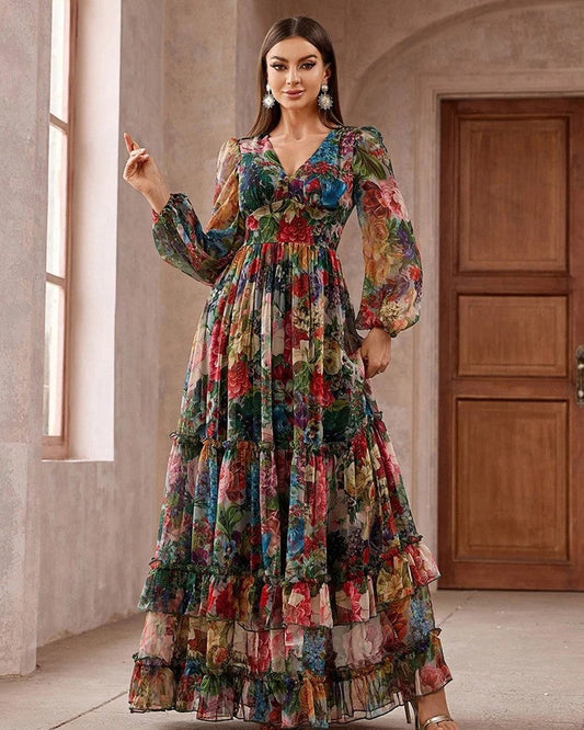 Ines Women's Floral Chiffon Tiered Maxi Dress