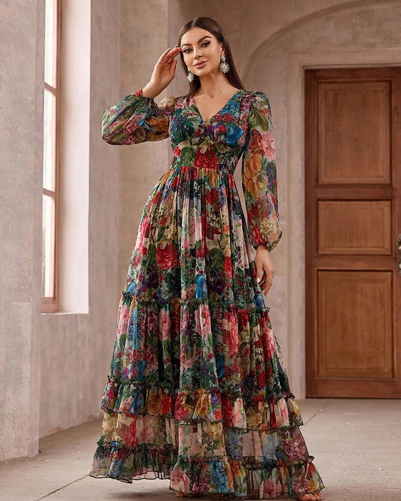 Ines Women's Floral Chiffon Tiered Maxi Dress
