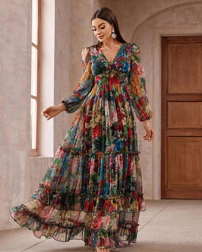 Ines Women's Floral Chiffon Tiered Maxi Dress
