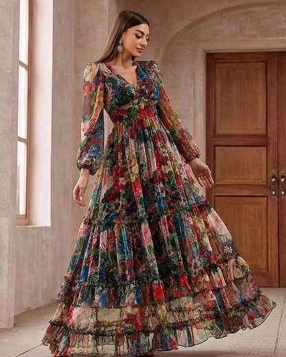 Ines Women's Floral Chiffon Tiered Maxi Dress