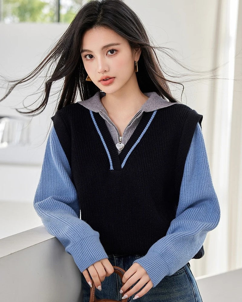 Iris Layered Knit Zip Collar Sweater
