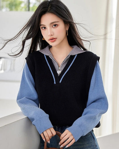 Iris Layered Knit Zip Collar Sweater