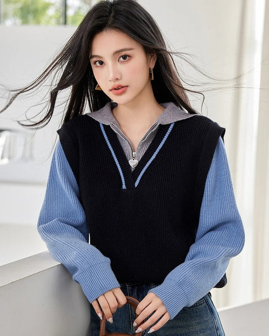 Iris Layered Knit Zip Collar Sweater