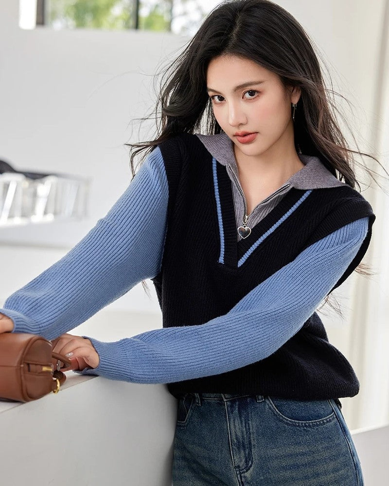 Iris Layered Knit Zip Collar Sweater
