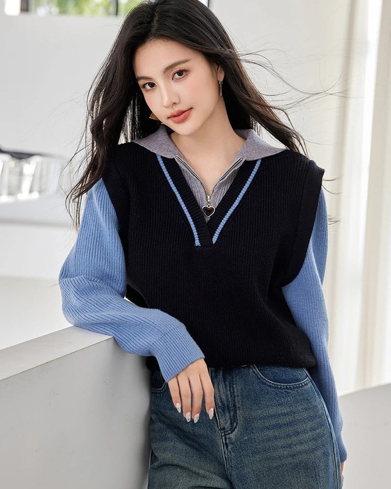 Iris Layered Knit Zip Collar Sweater