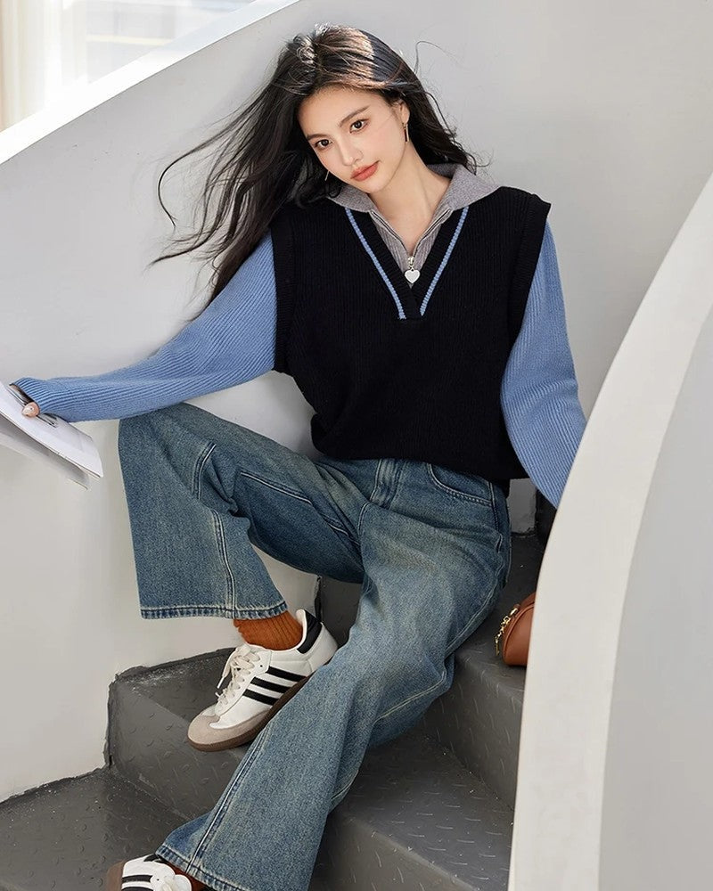 Iris Layered Knit Zip Collar Sweater