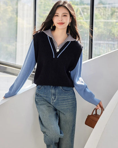 Iris Layered Knit Zip Collar Sweater