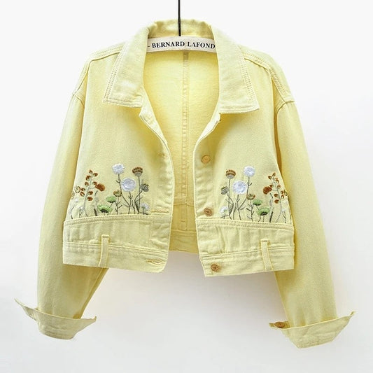 Lunelle Cropped Floral Embroidered Denim Jacket