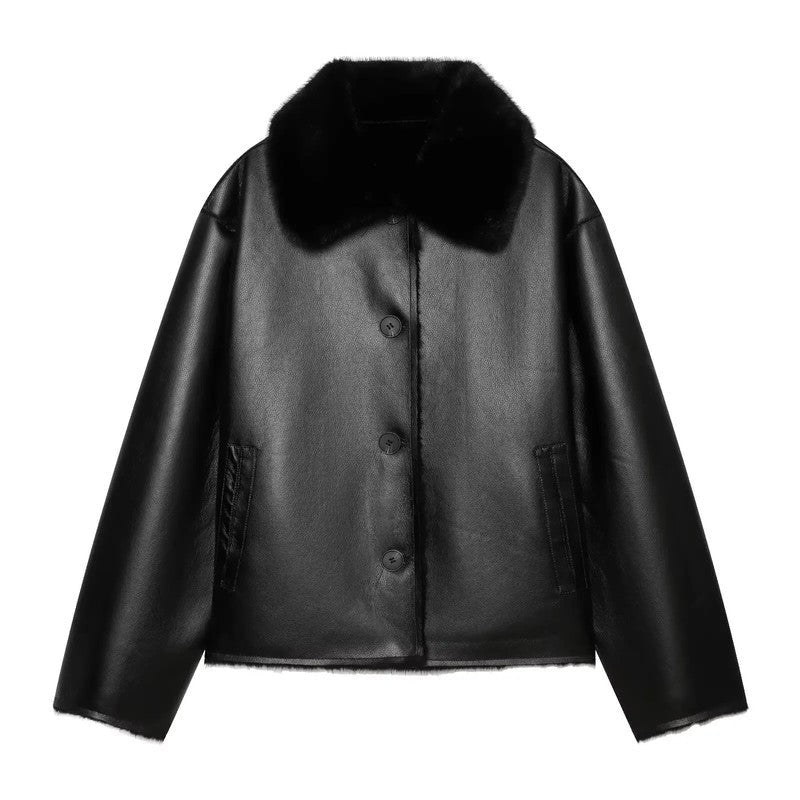 Marcellis Faux Shearling Collar Leather Jacket