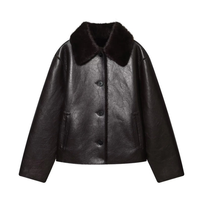 Marcellis Faux Shearling Collar Leather Jacket