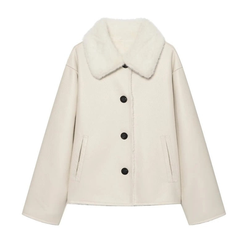 Marcellis Faux Shearling Collar Leather Jacket