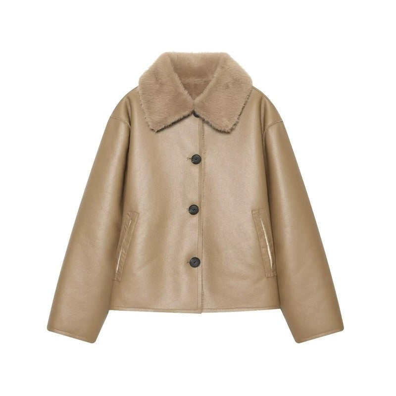 Marcellis Faux Shearling Collar Leather Jacket