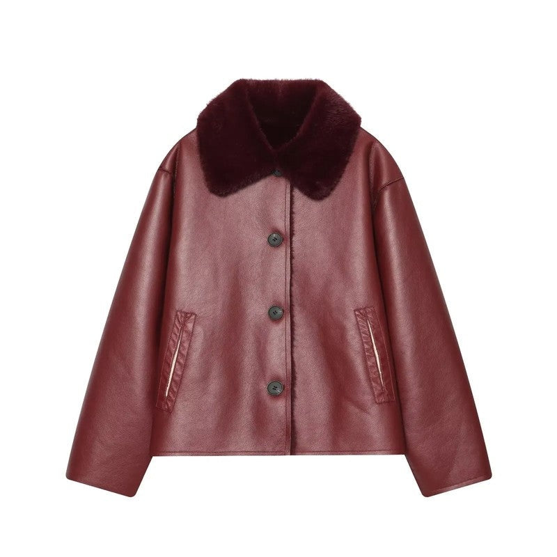 Marcellis Faux Shearling Collar Leather Jacket