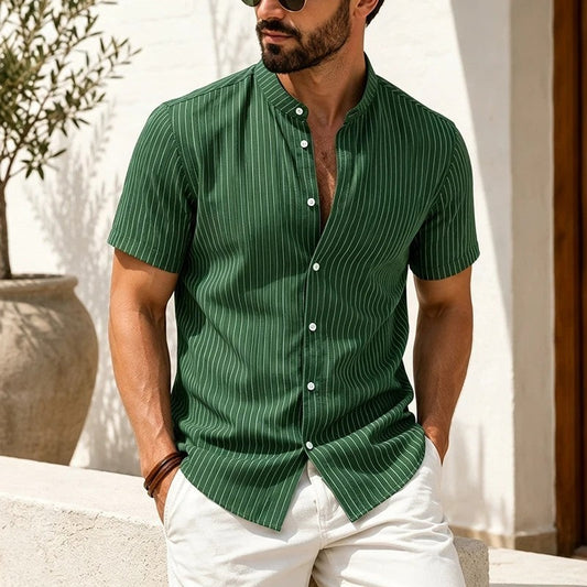Marco Men's Striped Band Collar Short Sleeve Shirt