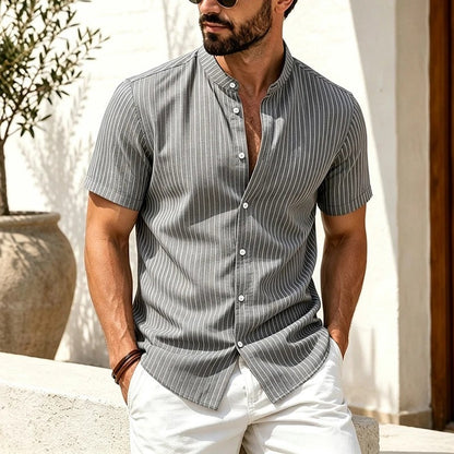 Marco Men's Striped Band Collar Short Sleeve Shirt