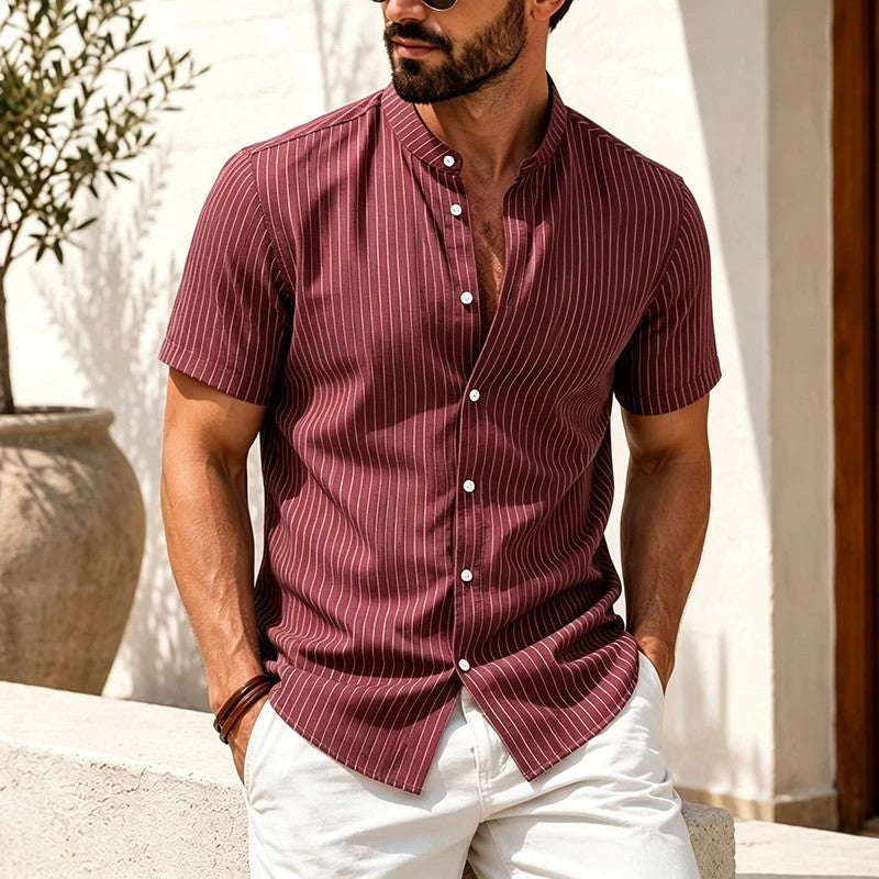 Marco Men's Striped Band Collar Short Sleeve Shirt