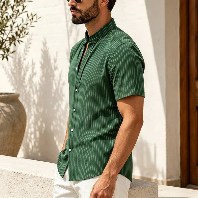 Marco Men's Striped Band Collar Short Sleeve Shirt
