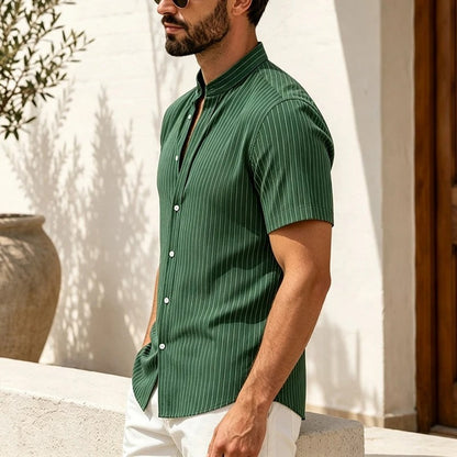 Marco Men's Striped Band Collar Short Sleeve Shirt