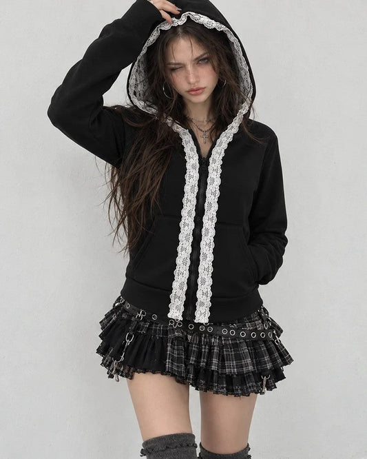 Martina Lace Trim Cropped Zip Hoodie