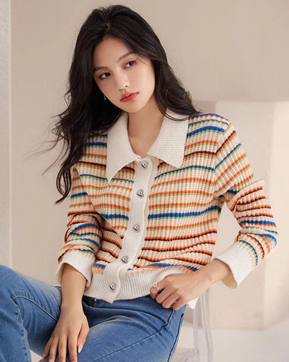 Megan Women's Striped Knit Button Cardigan