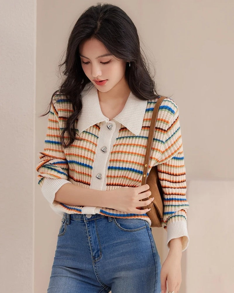 Megan Women's Striped Knit Button Cardigan