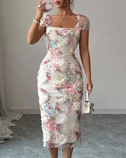 Mia Floral Mesh Ruched Midi Dress