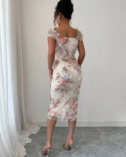 Mia Floral Mesh Ruched Midi Dress
