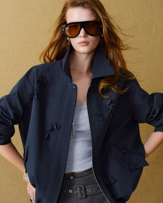 Mirello Textured Floral Appliqué Bomber Jacket