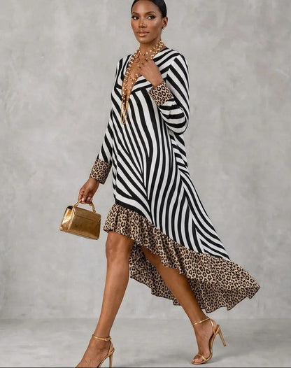 Sara Mixed Print Ruffle High-Low Dress