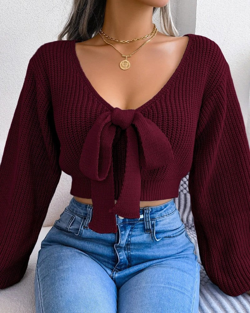 Saviour Tie Front Cropped Knit Sweater