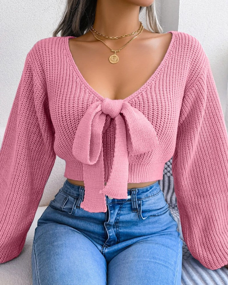 Saviour Tie Front Cropped Knit Sweater