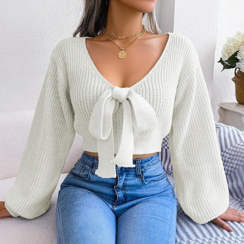 Saviour Tie Front Cropped Knit Sweater