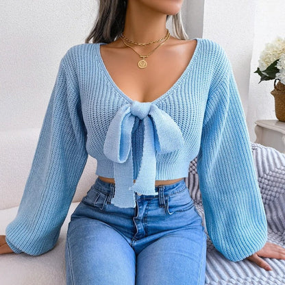 Saviour Tie Front Cropped Knit Sweater