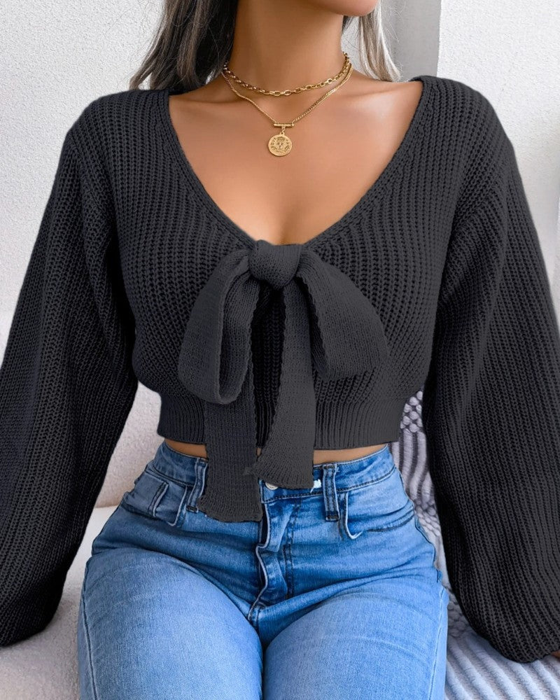 Saviour Tie Front Cropped Knit Sweater