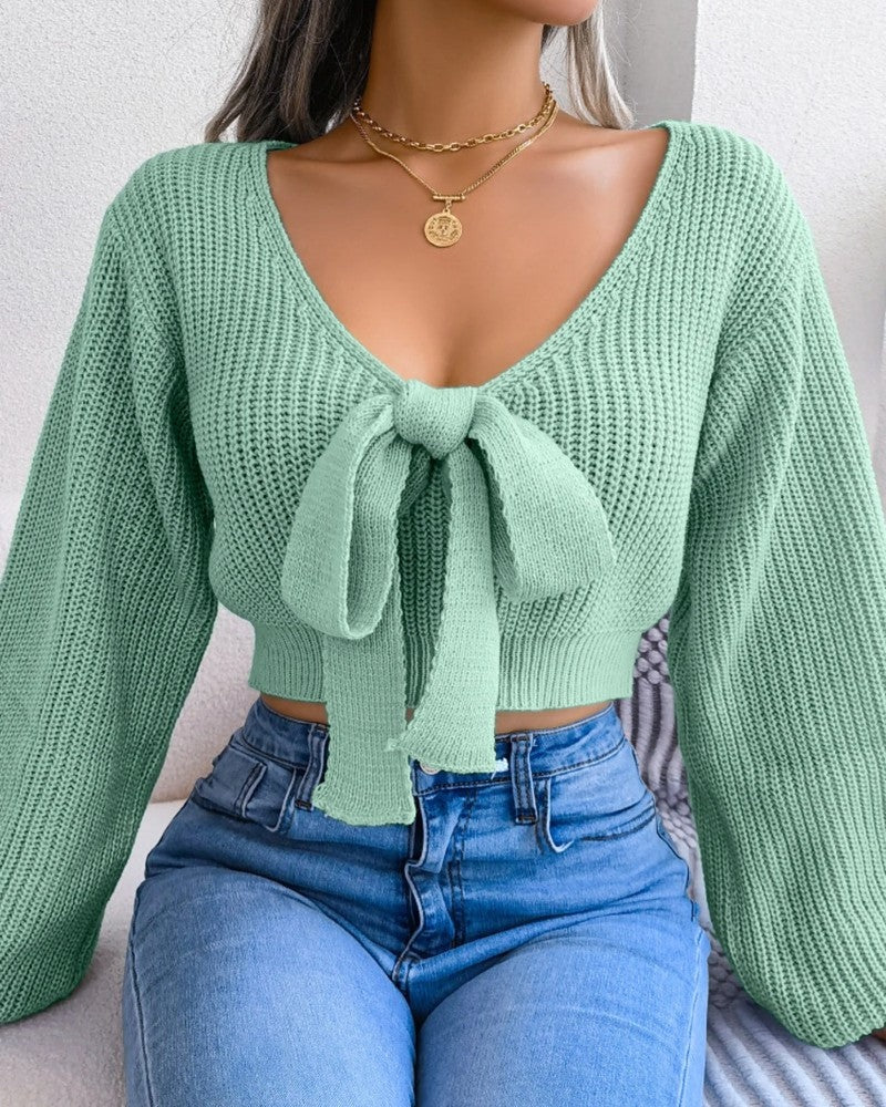 Saviour Tie Front Cropped Knit Sweater