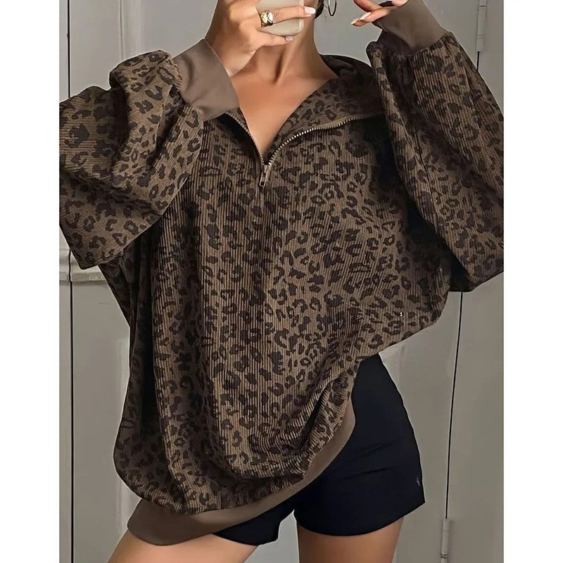 Selma Leopard Corduroy Half-Zip Pullover