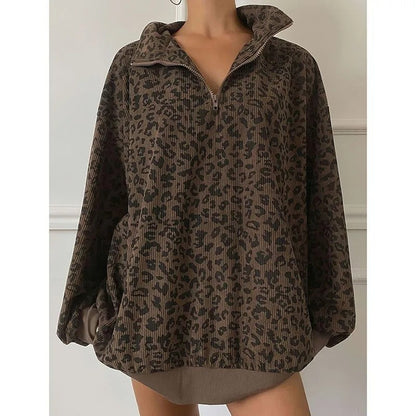Selma Leopard Corduroy Half-Zip Pullover