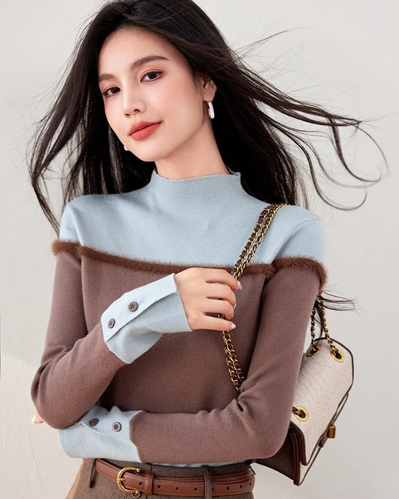 Siena Women's Contrast Knit Mock Neck Sweater